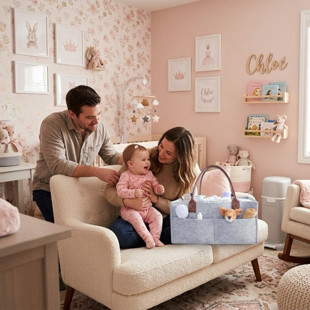 papa maman bébé dans chambre avec panier de rangement bébé