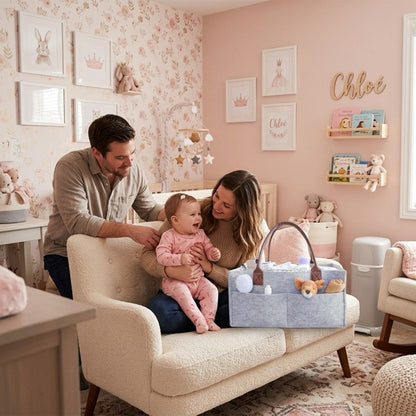 papa maman bébé dans chambre avec panier de rangement bébé