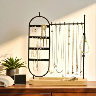 Porte bijoux avec colliers et boucles d'oreilles sur commode